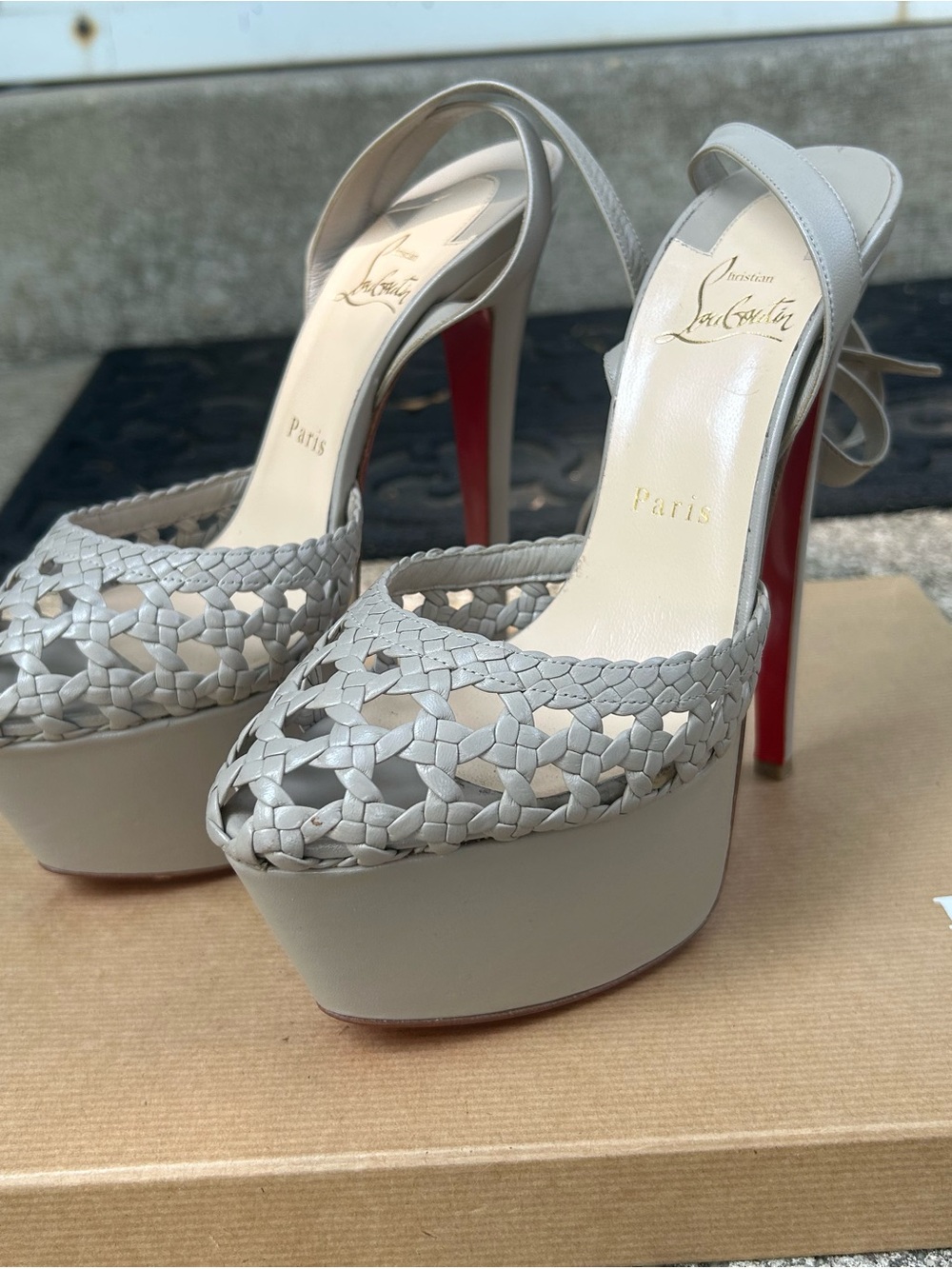 Christian Louboutin Gray Woven Leather Platform Sandals with Red Soles